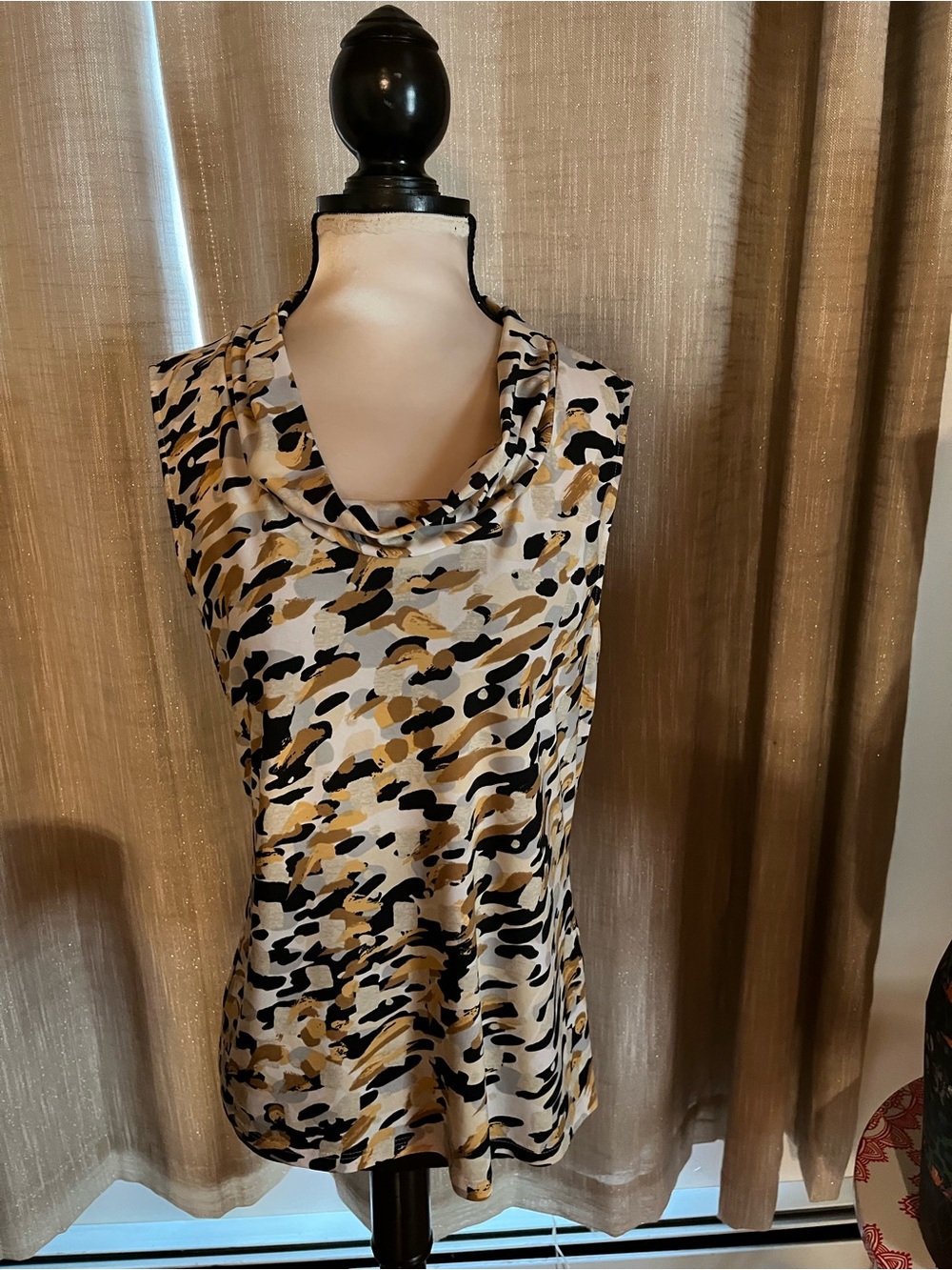 Tahari Sleeveless Cowl Neck Top in White, Black & Gold Abstract Print